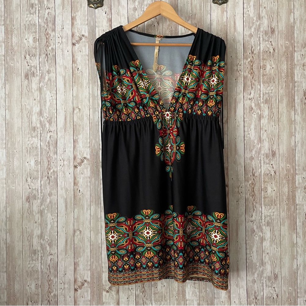 Uncle Frank  Boho Tunic-Dress Women Size  L Black With Colourful Pattern